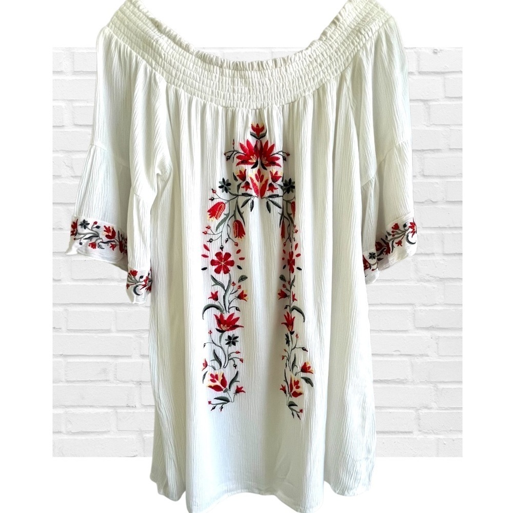 Embroidered Large Cream Smocked Tunic Top Off Shoulder Cottagecore Romanitc
